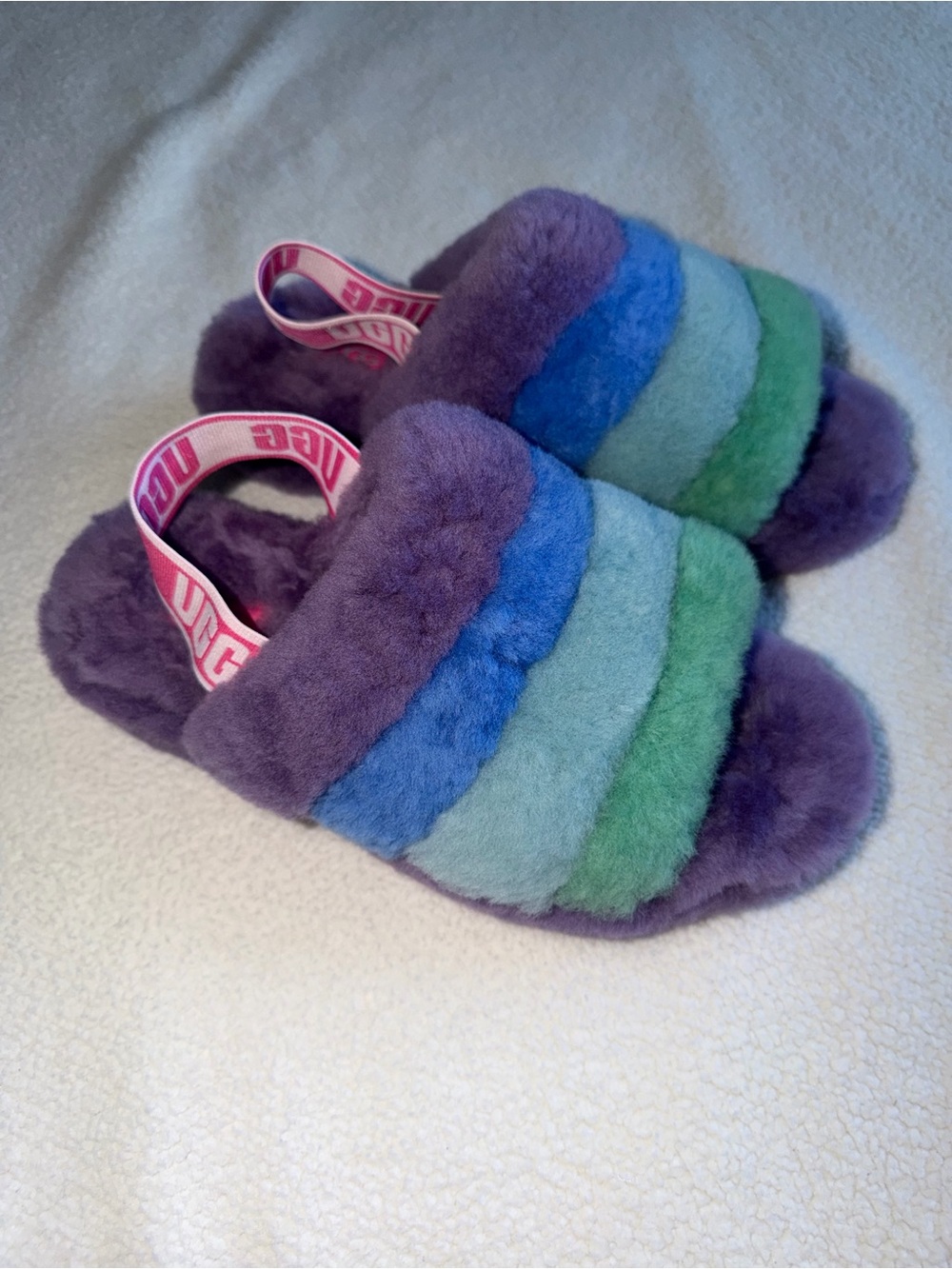 UGG Multicolor Plush Slide Sandals - Purple, Blue & Green